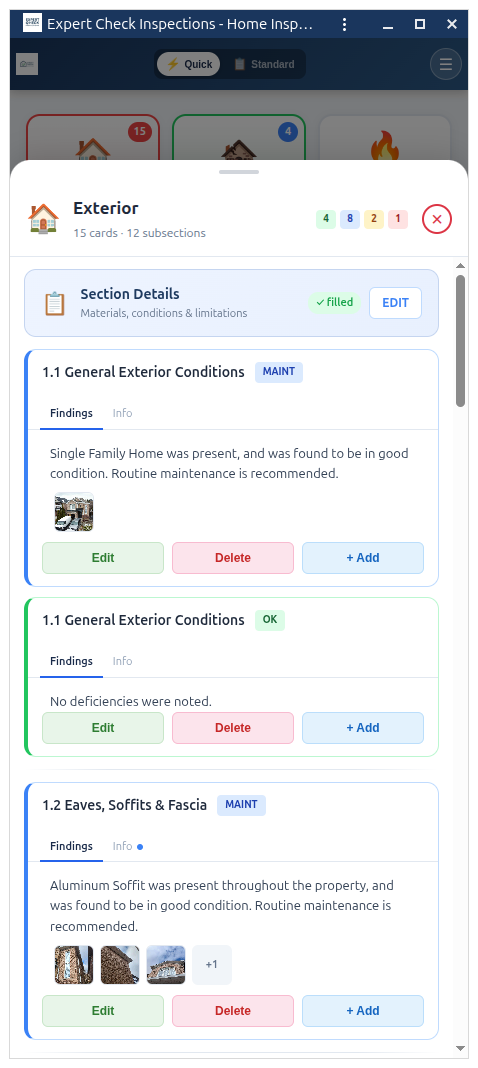 Mobile report editor view for on-site home inspections with touch-friendly controls
