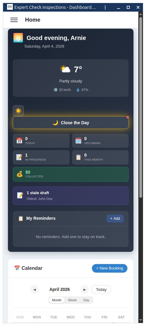 Mobile dashboard overview showing inspection reports and quick actions