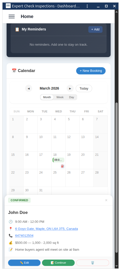Full calendar booking system for scheduling home inspections with time slots