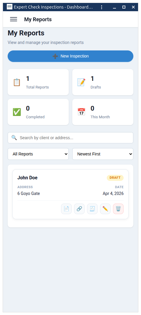 My Reports dashboard with list of saved home inspection reports and search