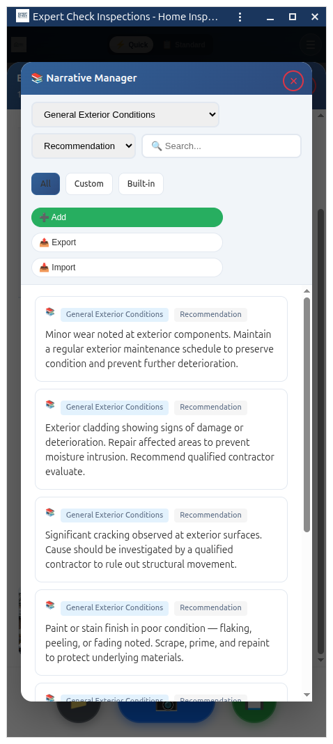 Built-in narrative library with over 2700 pre-written inspection report narratives